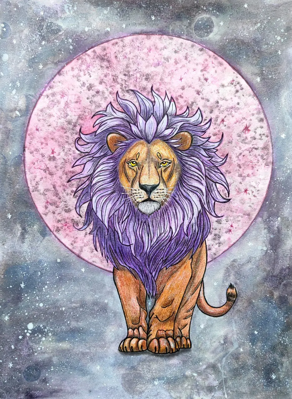 Mandala León Lunar - Representación mística de león con elementos lunares y celestiales